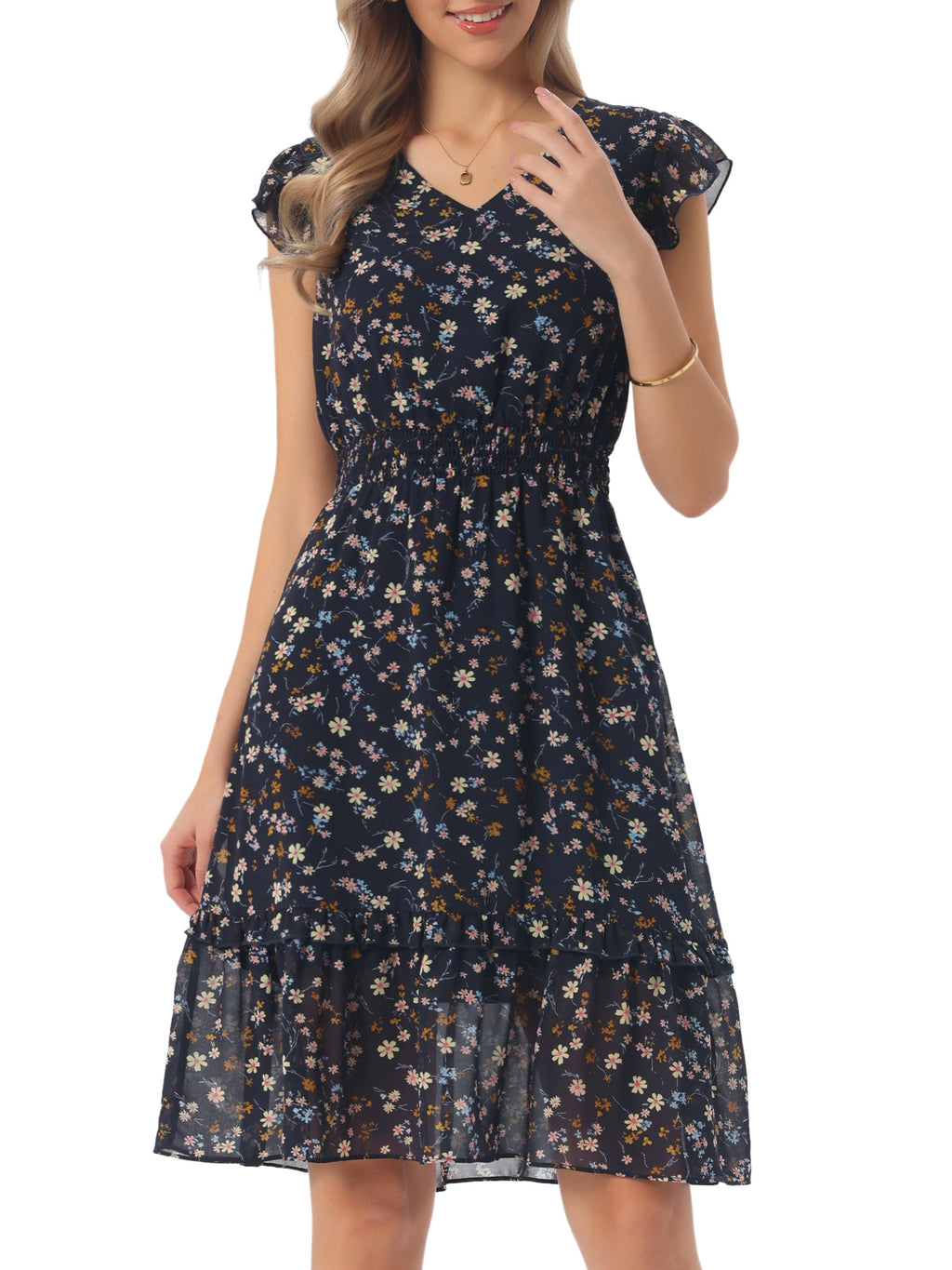 V-Neck Floral Flutter Dress