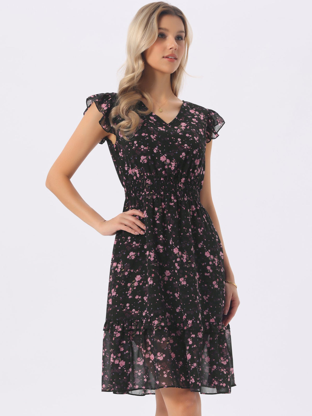 V-Neck Floral Flutter Dress
