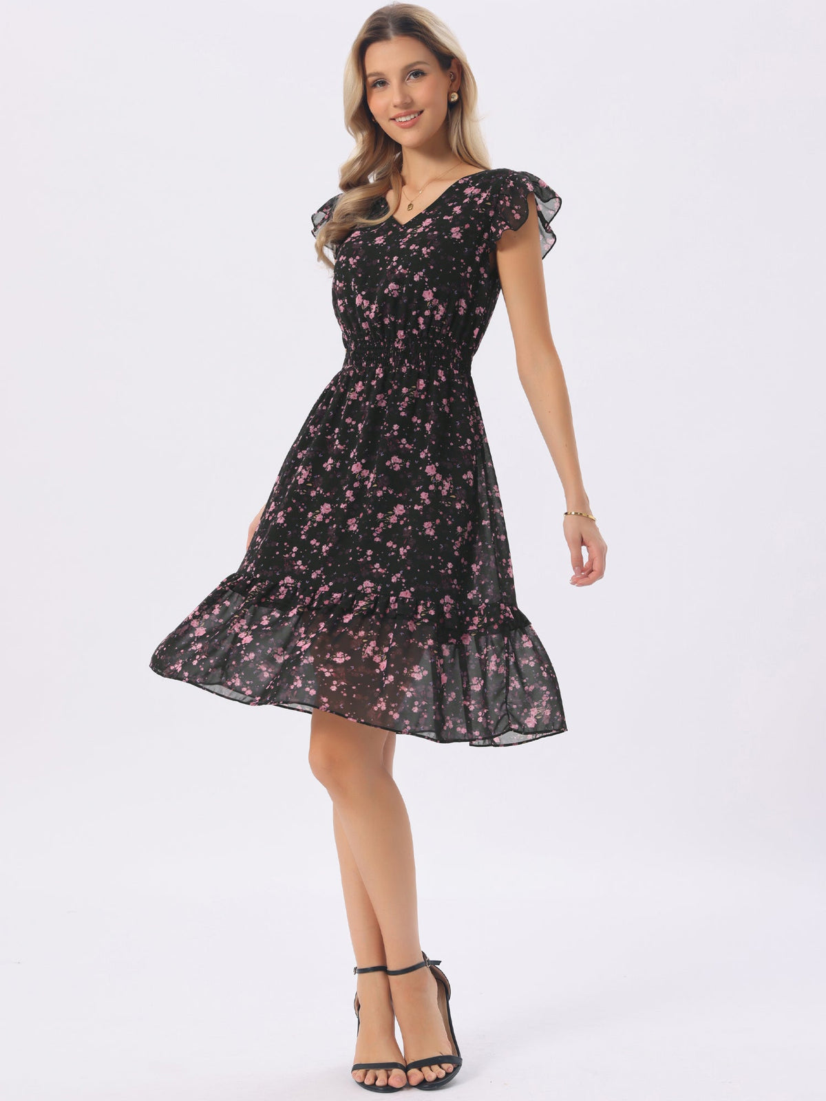 V-Neck Floral Flutter Dress
