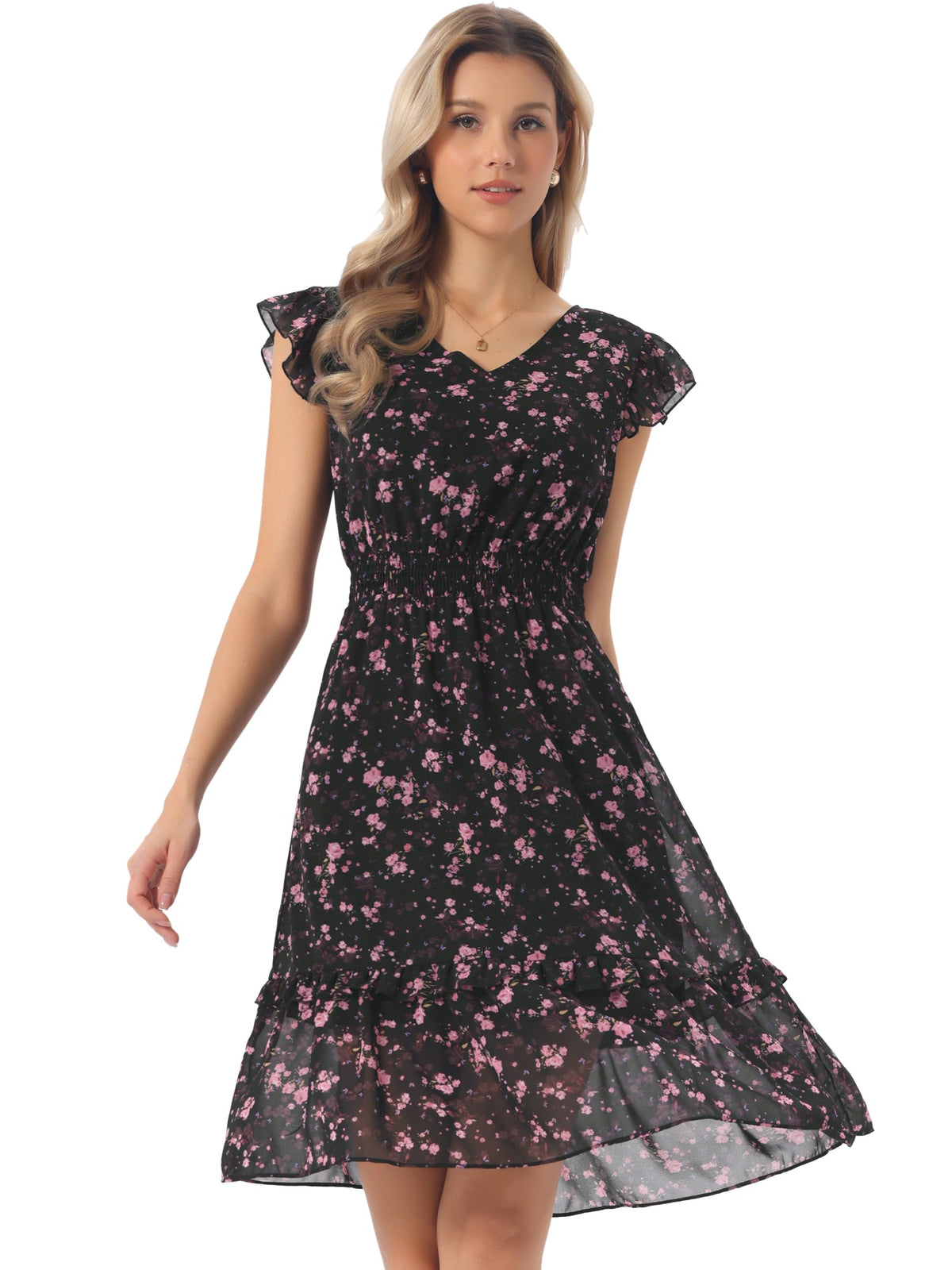 V-Neck Floral Flutter Dress