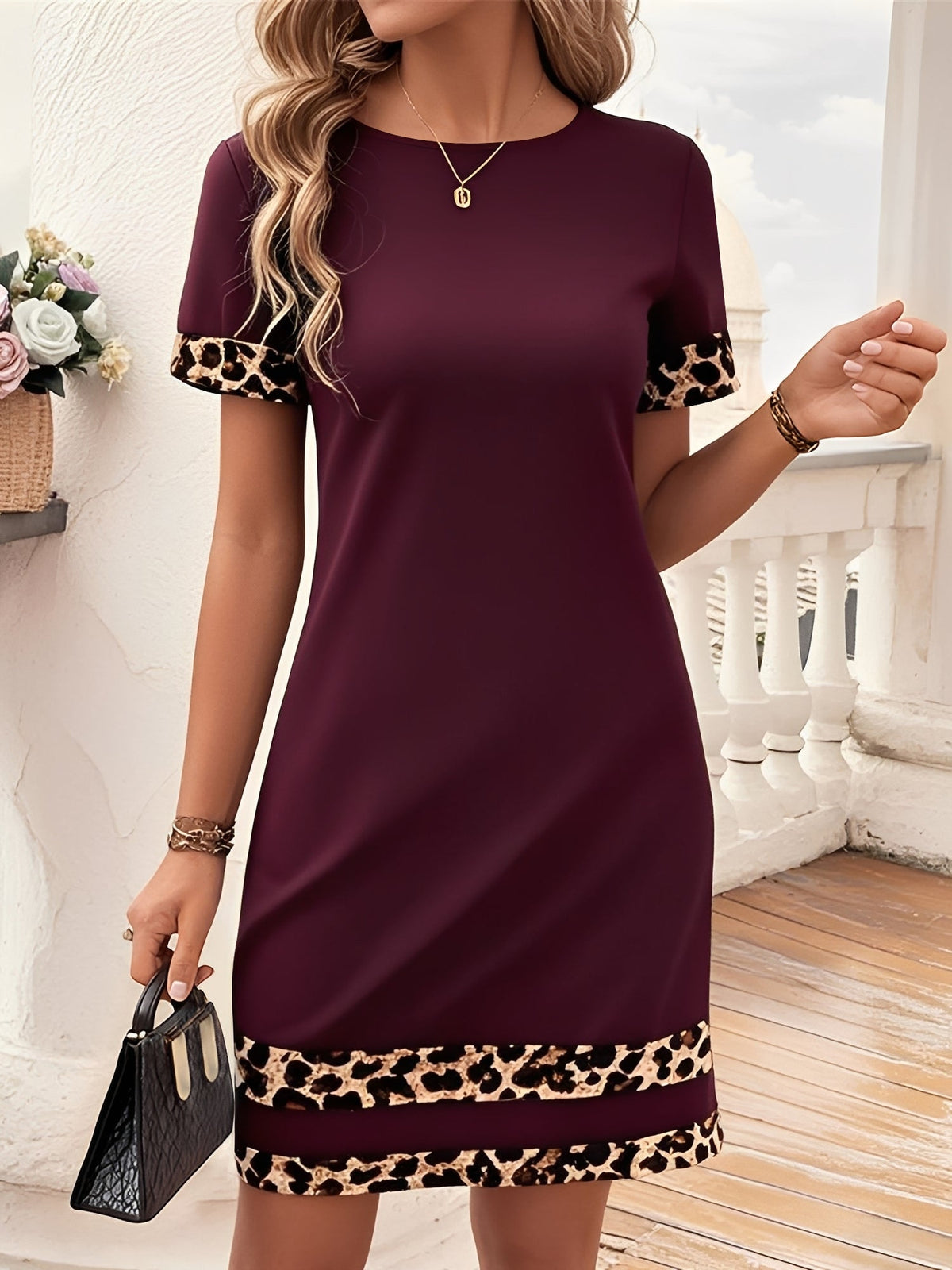 Leopard Patchwork Short-Sleeve Dress