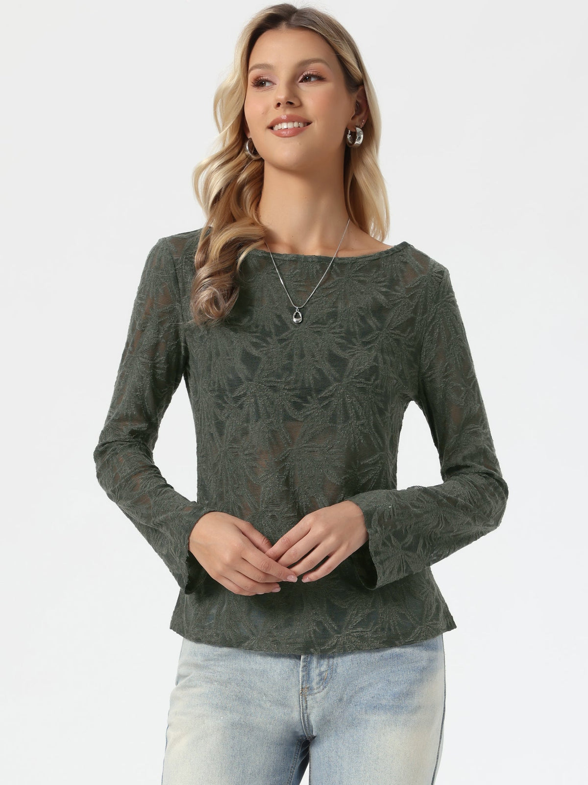 Velvet-Embossed Long Sleeve Blouse