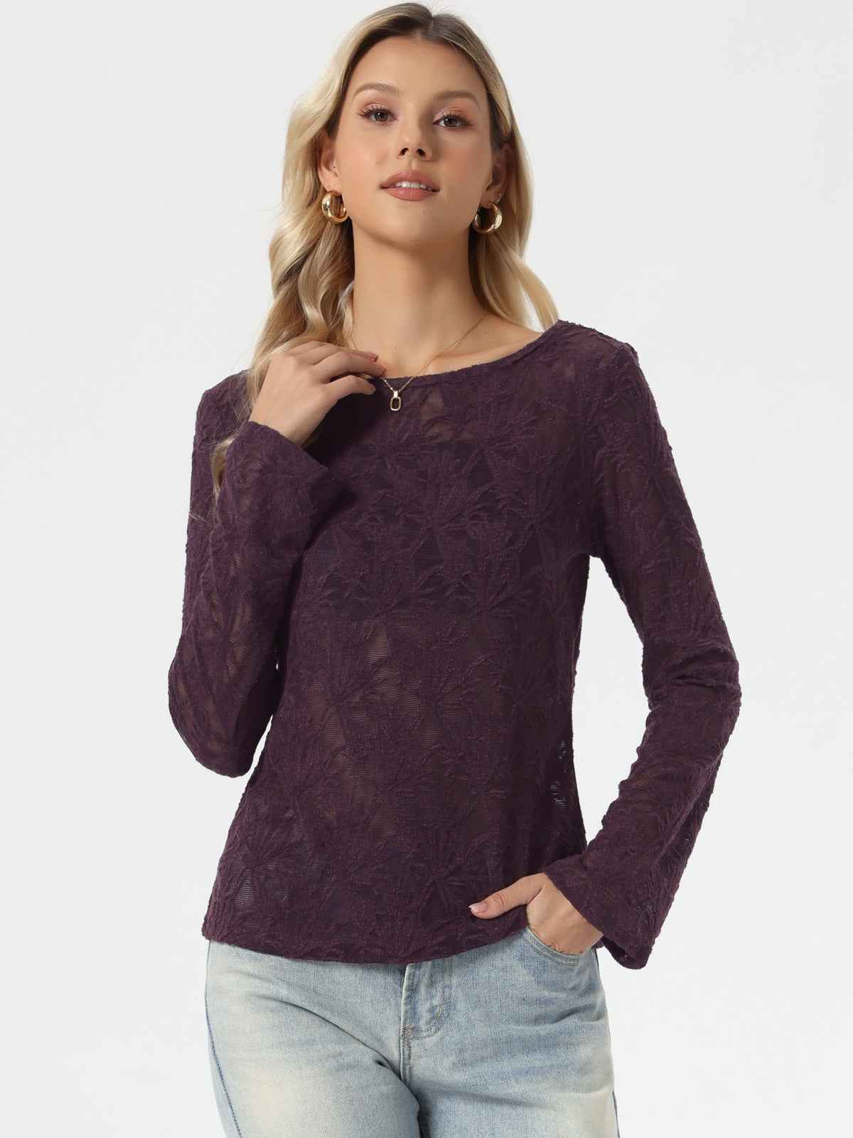 Velvet-Embossed Long Sleeve Blouse