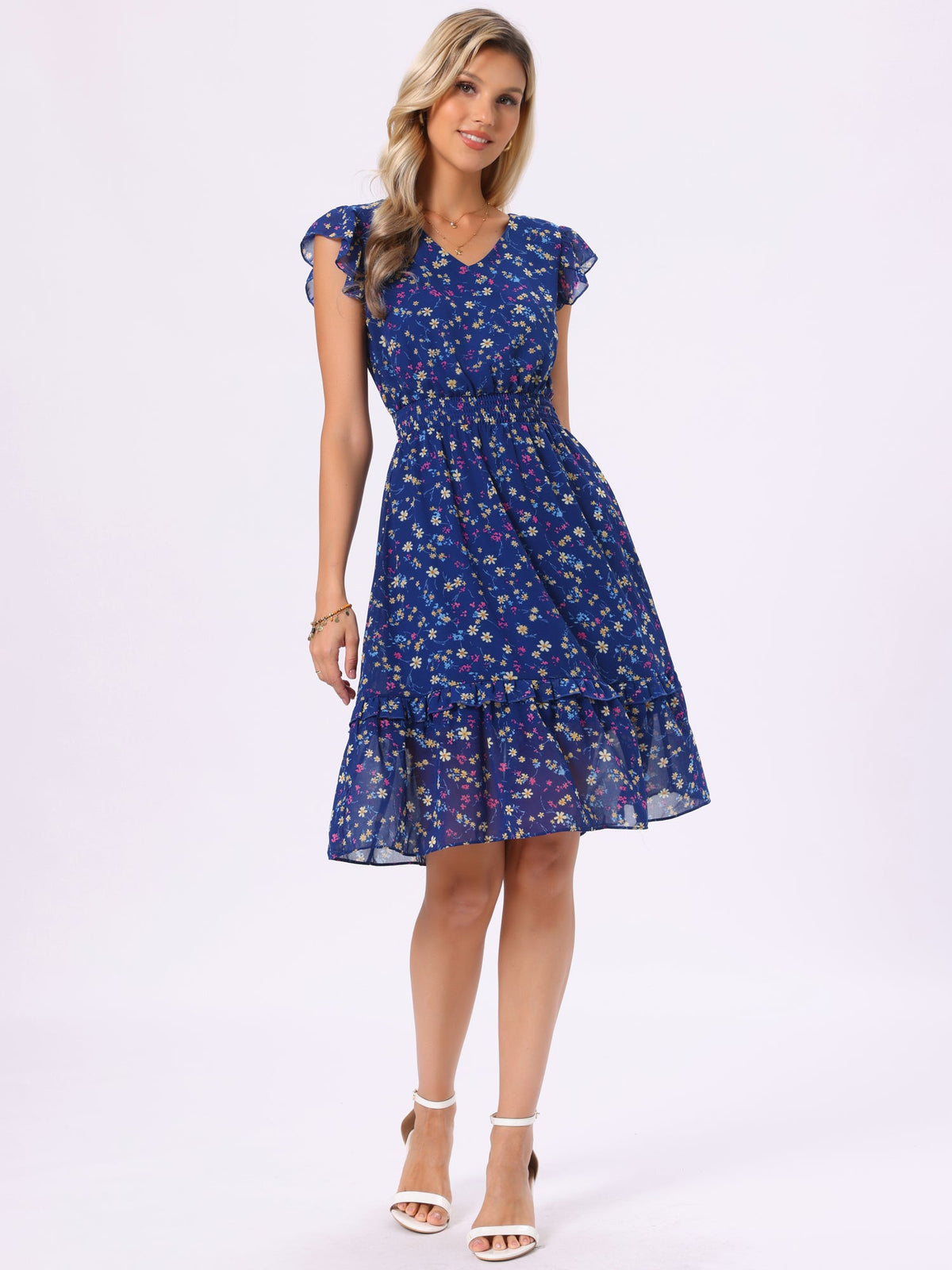 V-Neck Floral Flutter Dress