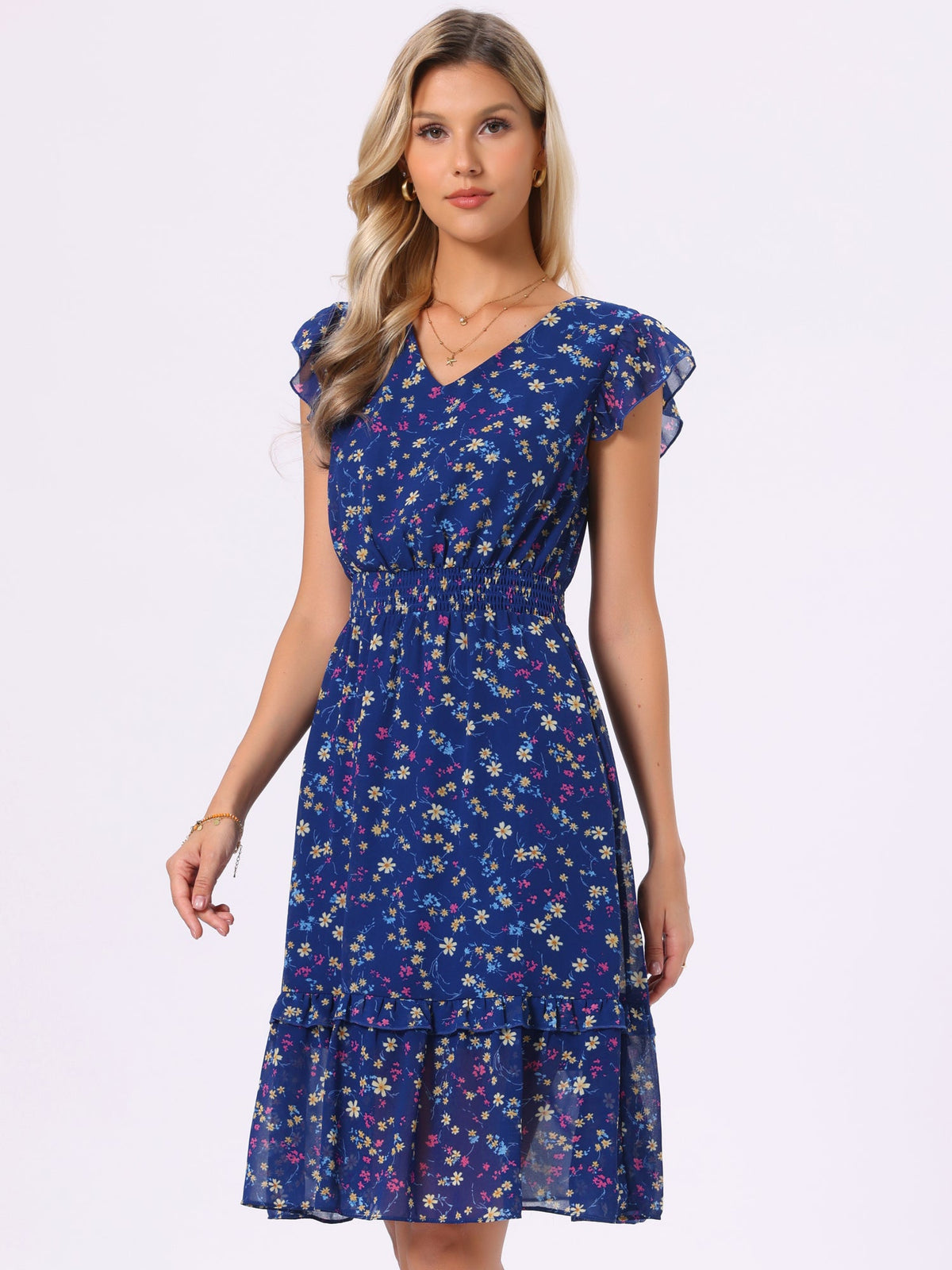 V-Neck Floral Flutter Dress