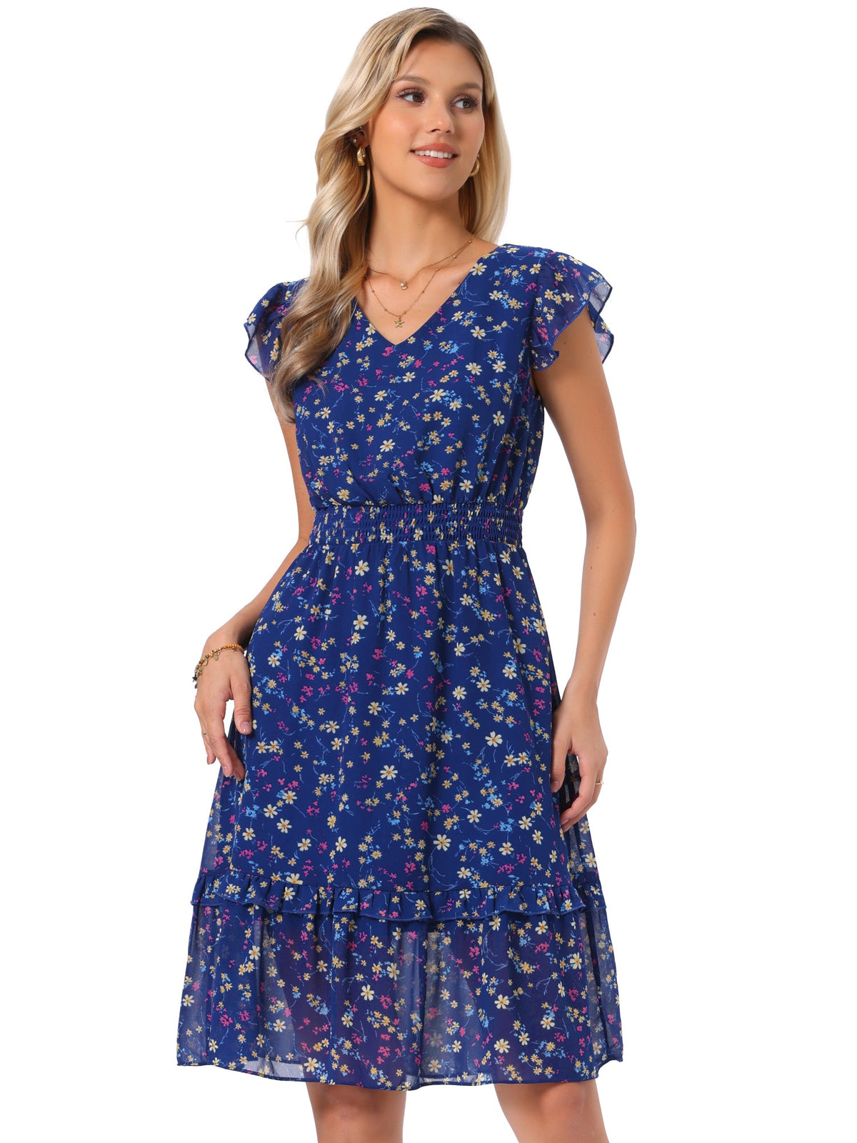 V-Neck Floral Flutter Dress