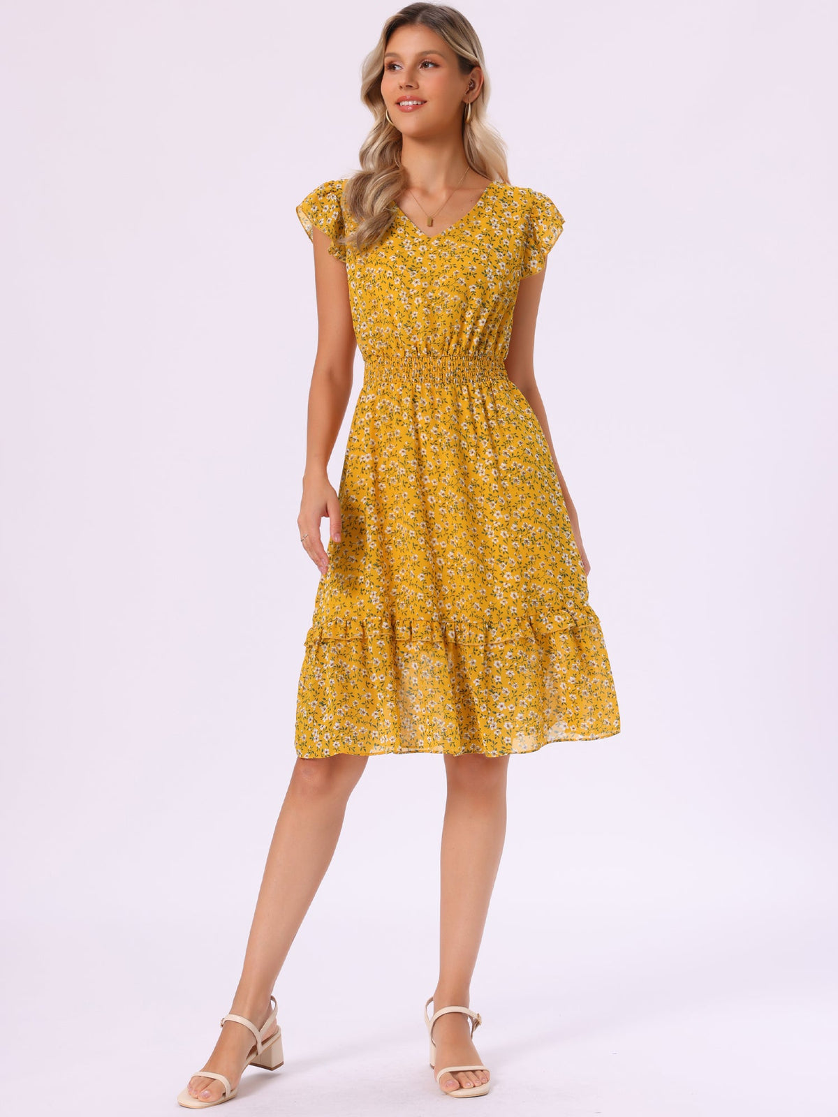 V-Neck Floral Flutter Dress