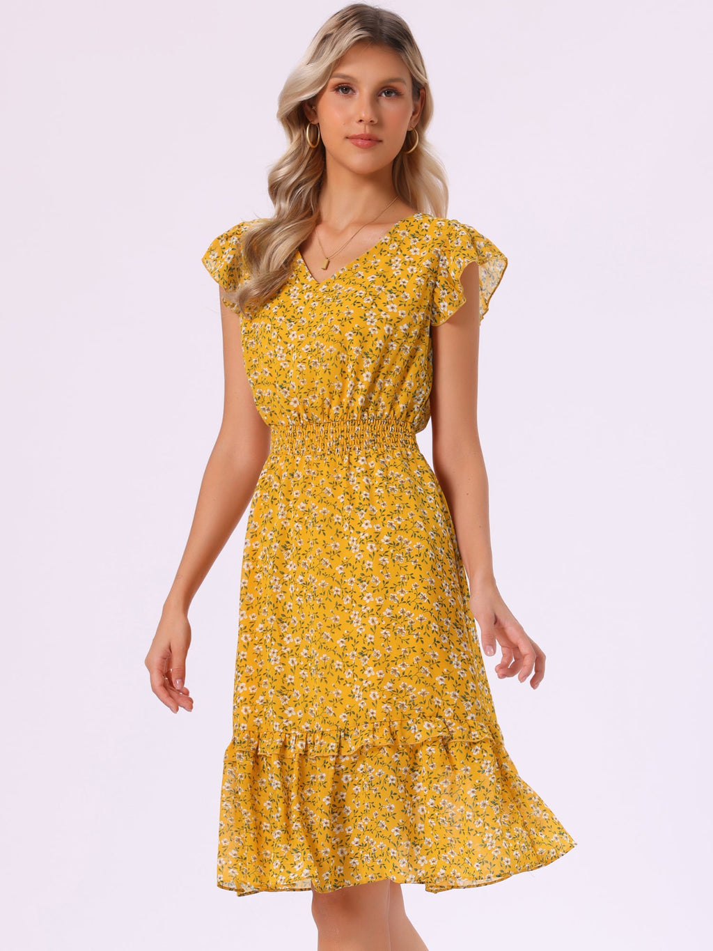 V-Neck Floral Flutter Dress