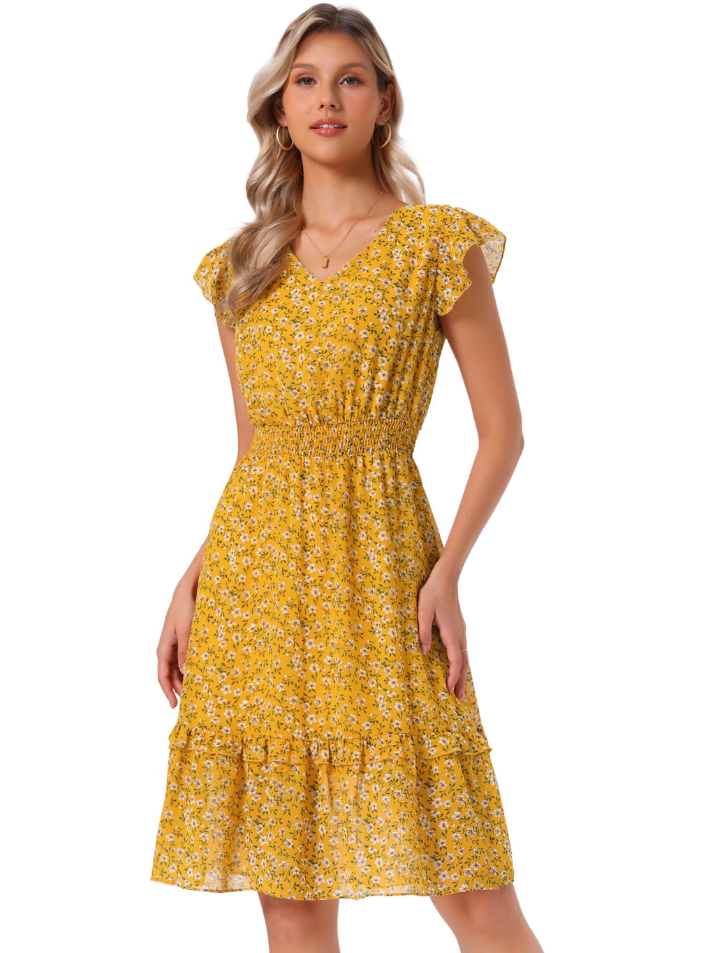 V-Neck Floral Flutter Dress