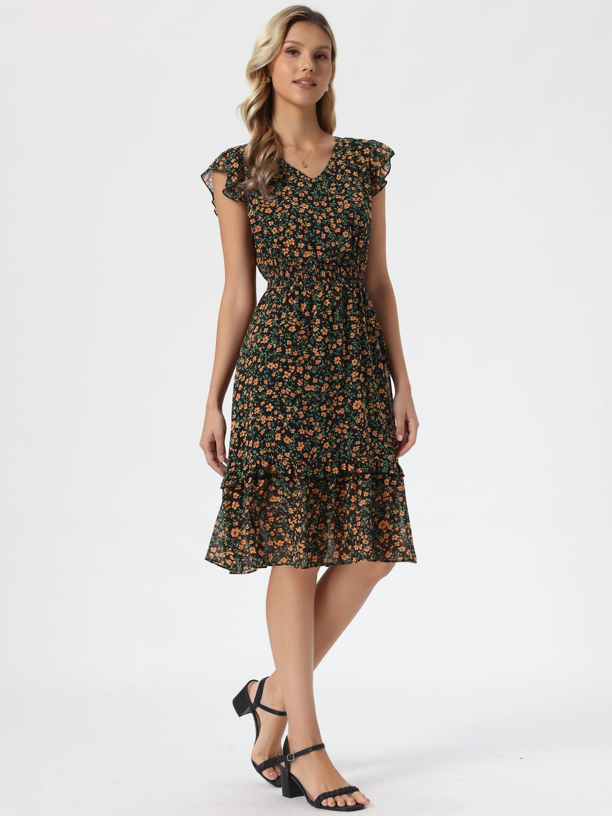 V-Neck Floral Flutter Dress