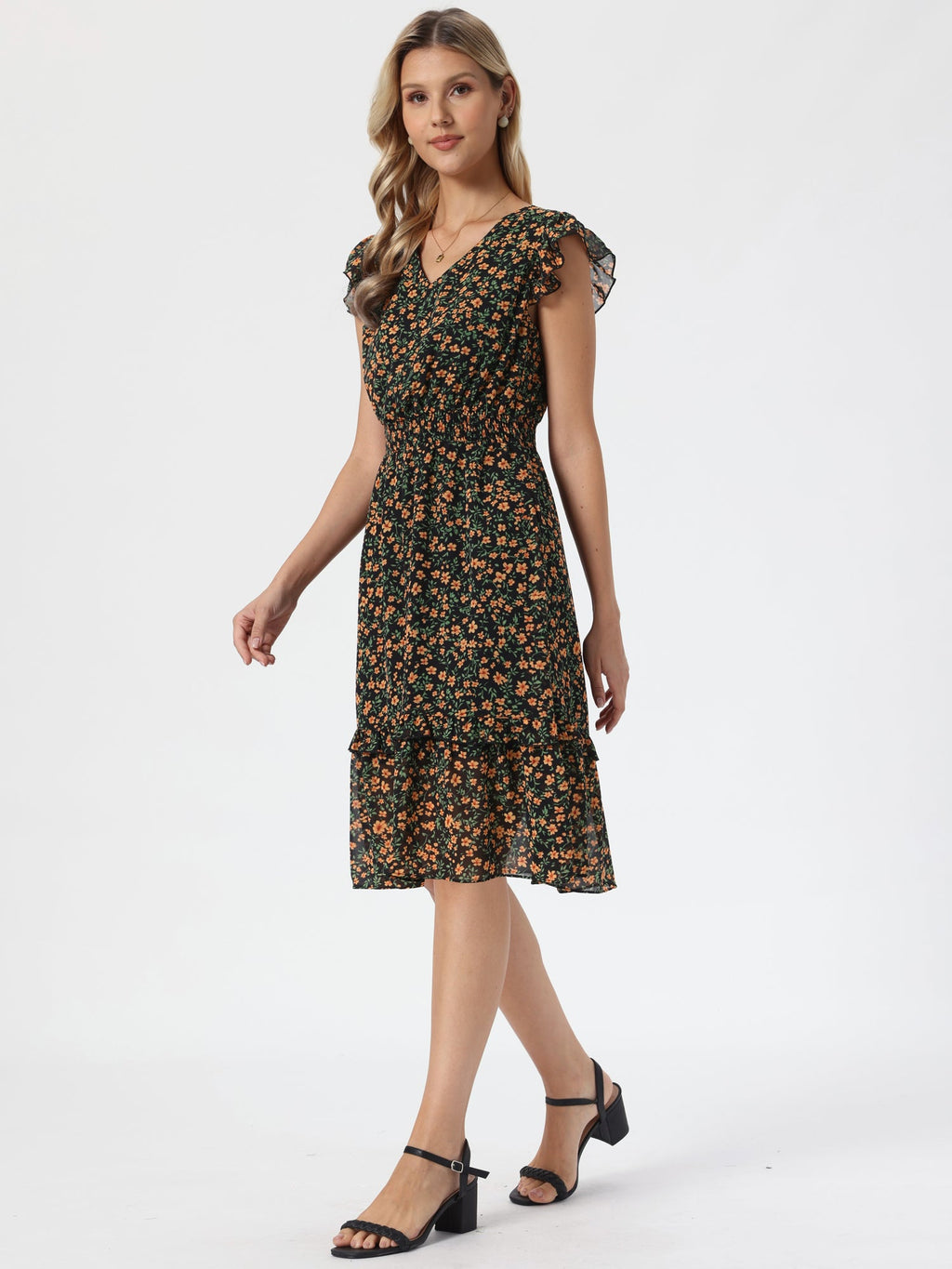 V-Neck Floral Flutter Dress