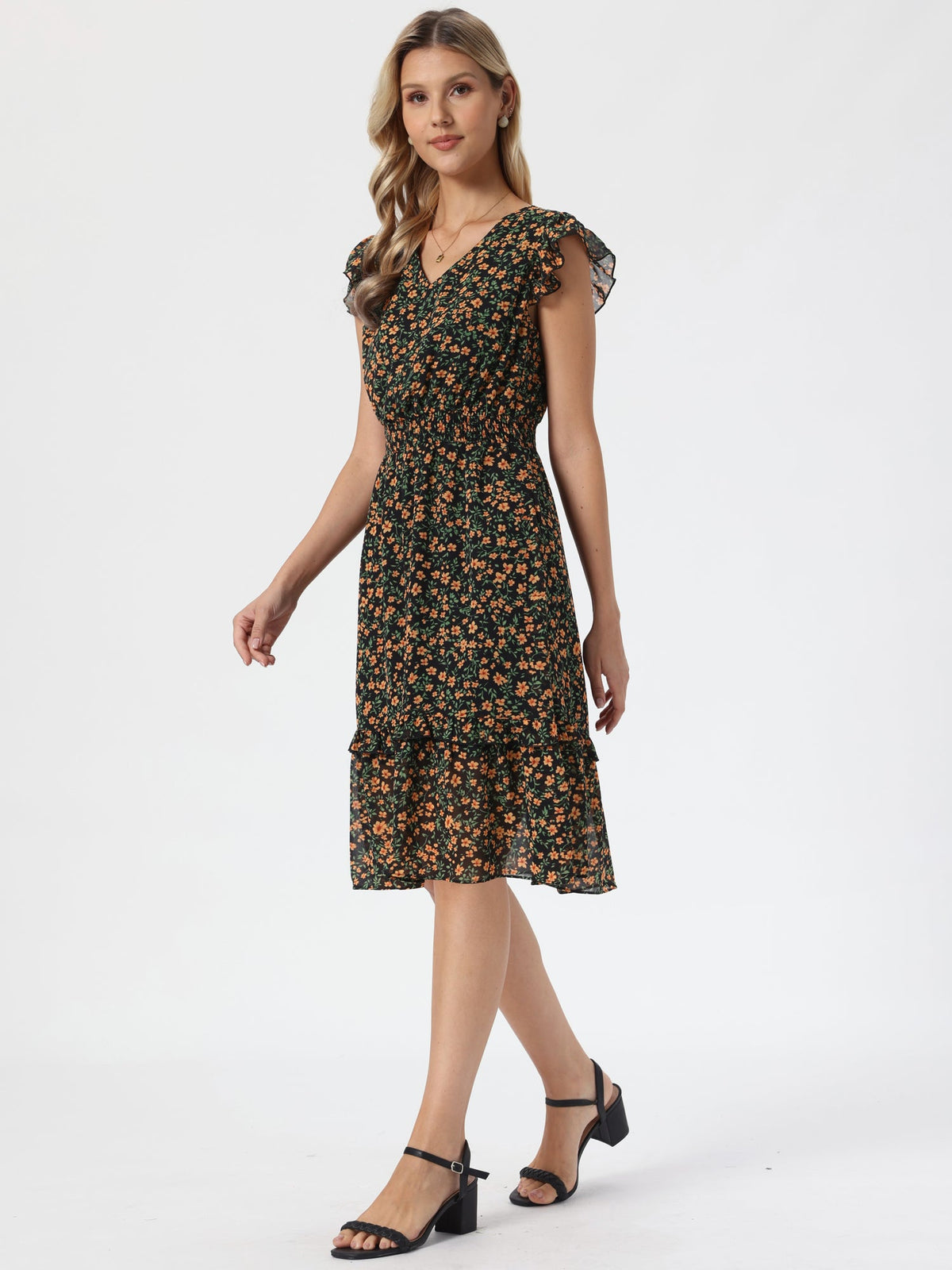 V-Neck Floral Flutter Dress