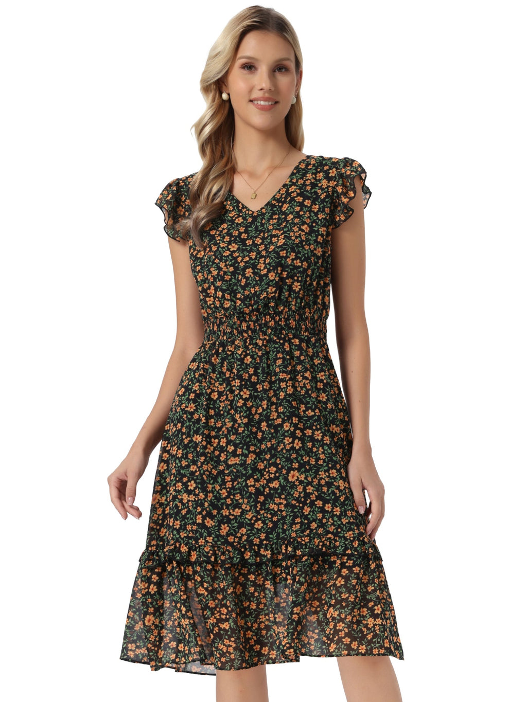 V-Neck Floral Flutter Dress