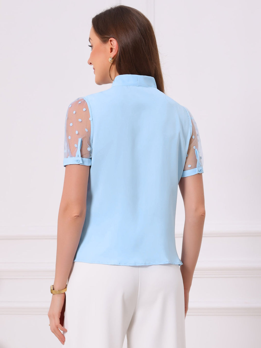 Mesh Sleeve Bow Tie Blouse