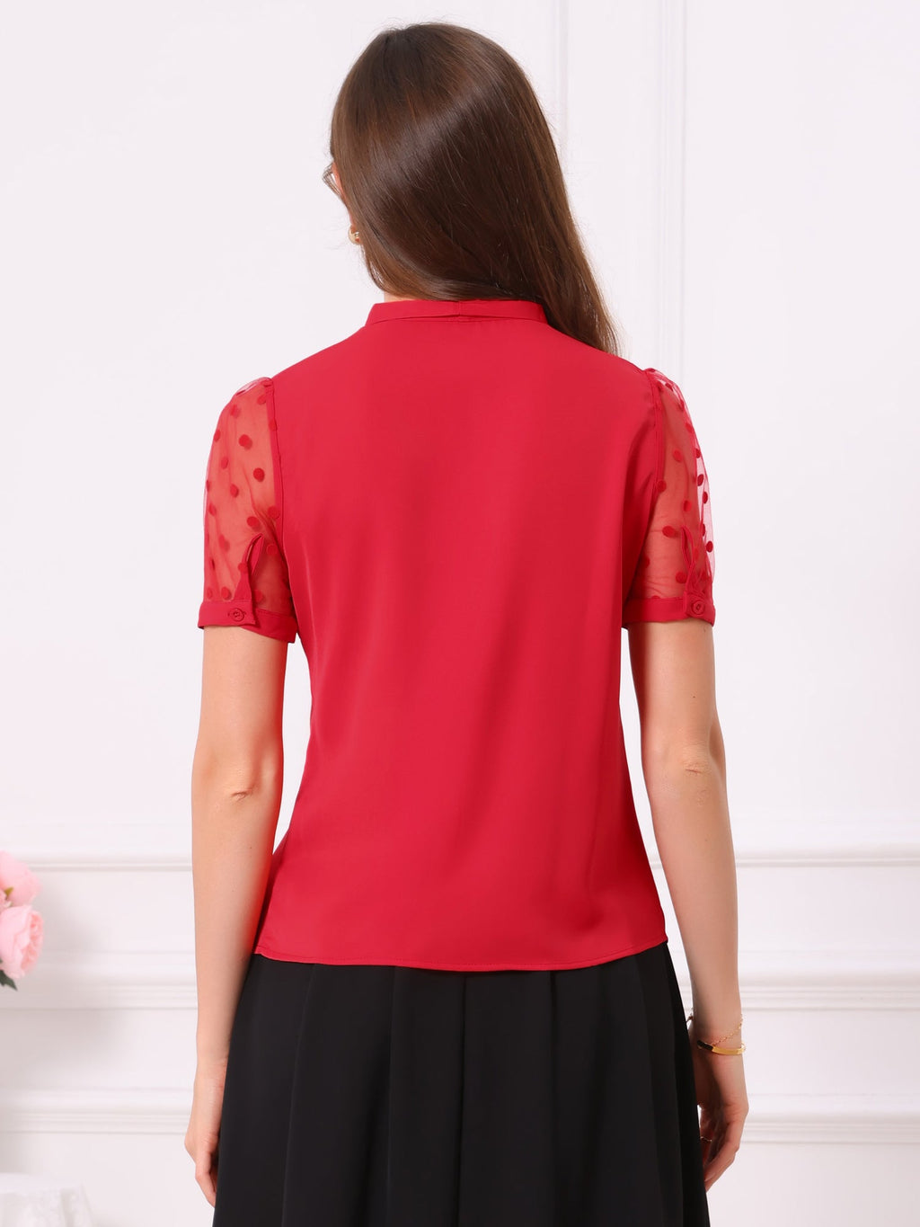 Mesh Sleeve Bow Tie Blouse