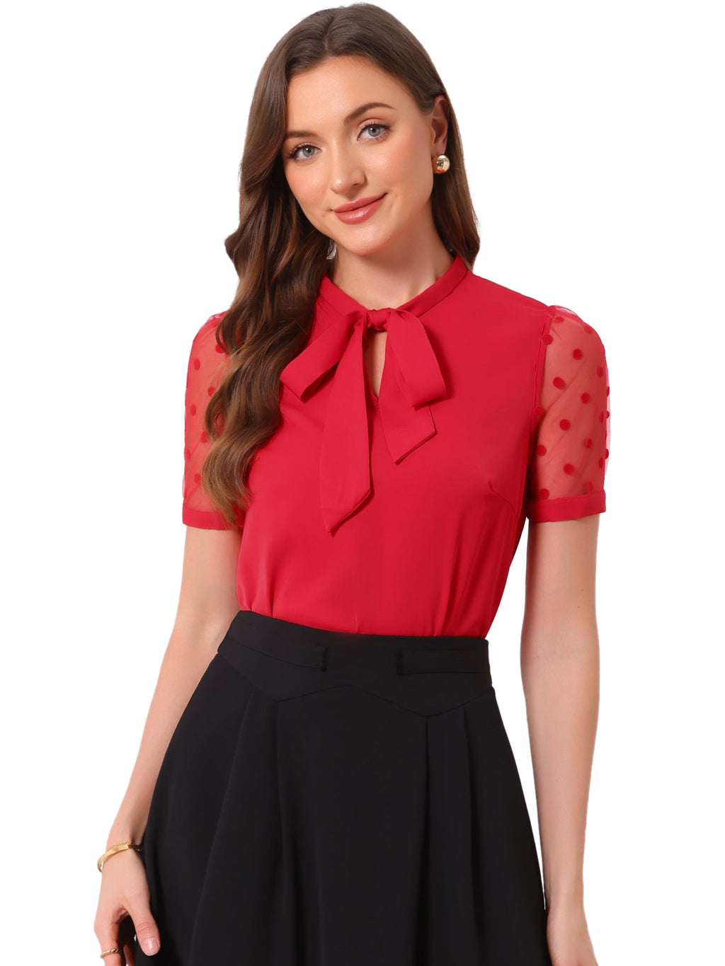 Mesh Sleeve Bow Tie Blouse