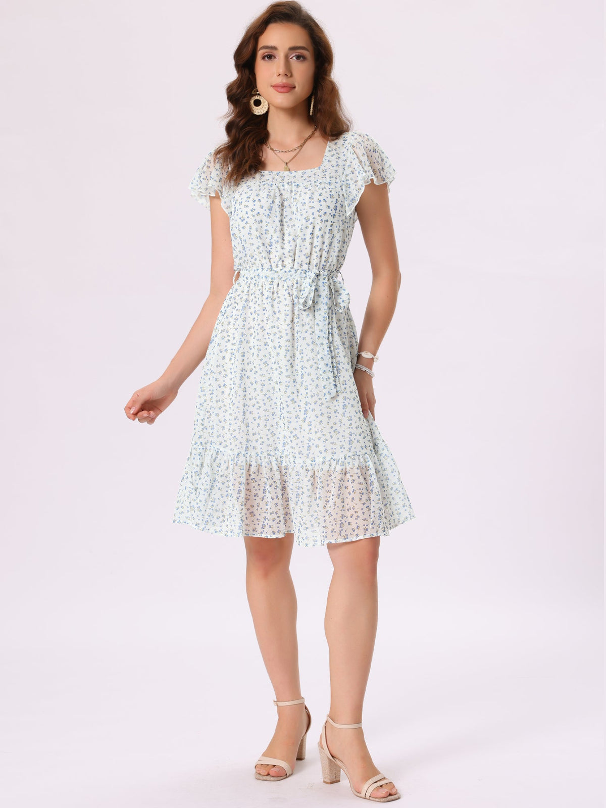 Square Neck Flutter Floral Dress