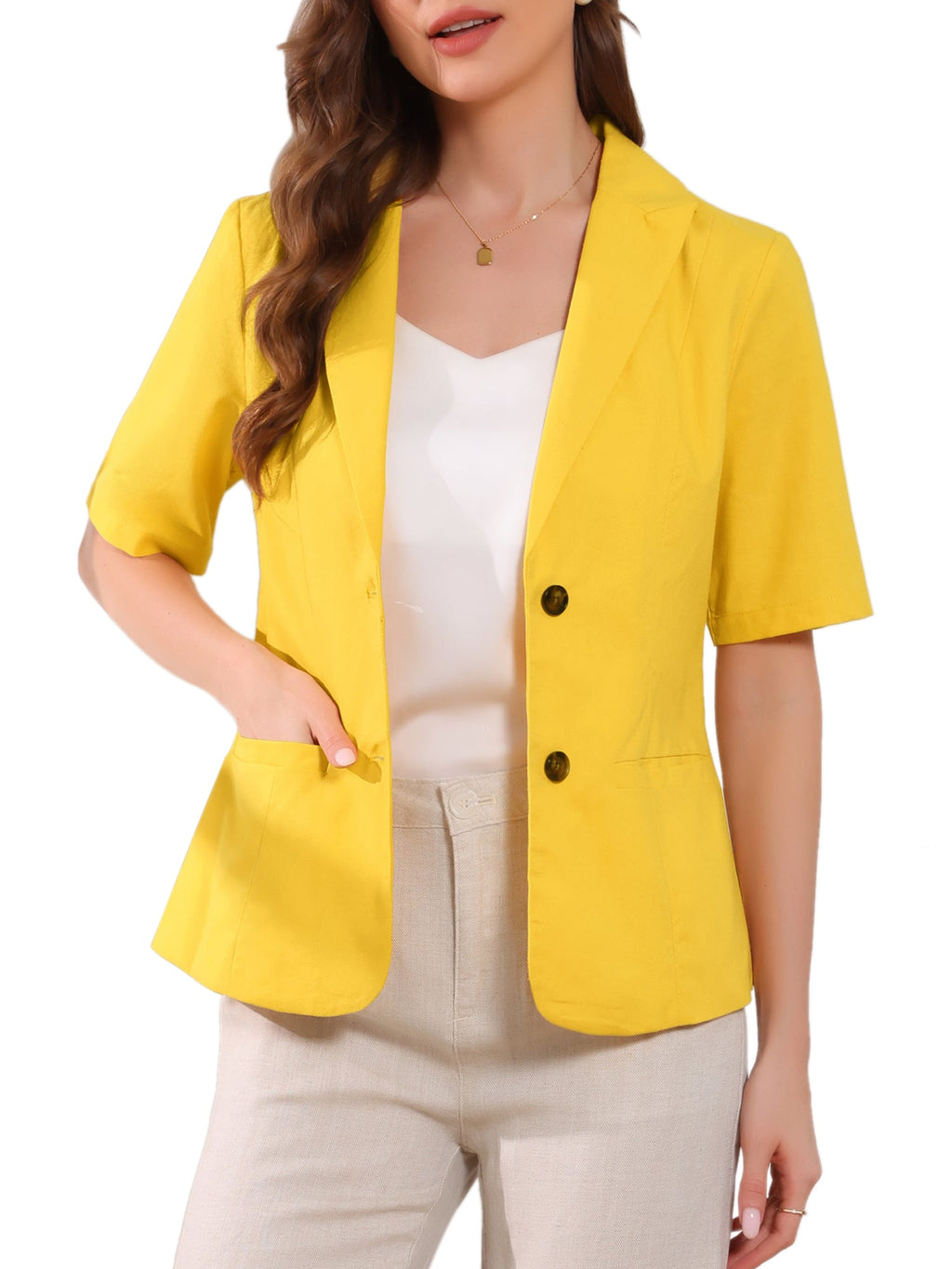 Cotton-Linen Short-Sleeve Solid Blazer