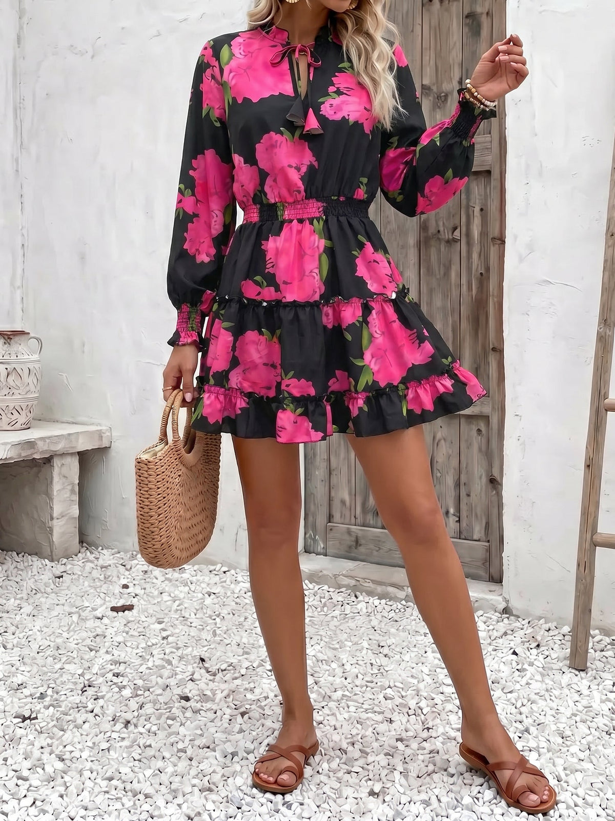 Graphic Long-Sleeve Polyester Dress