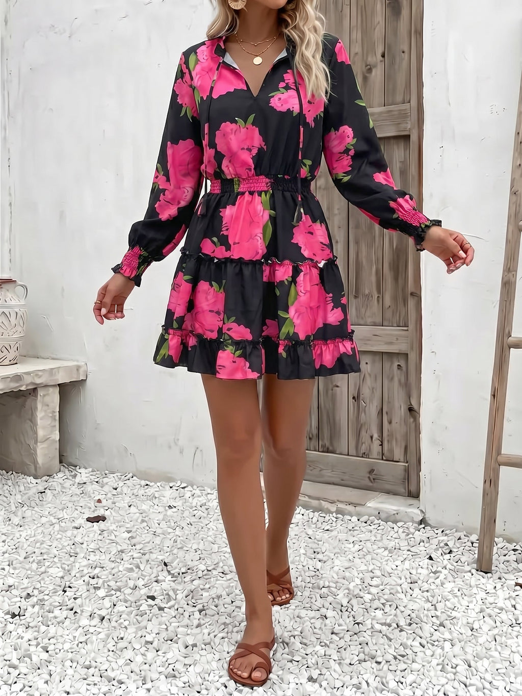 Graphic Long-Sleeve Polyester Dress