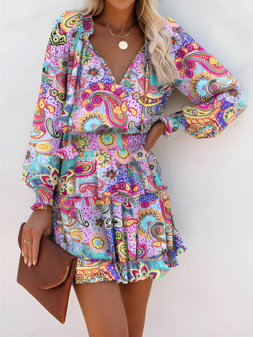 Graphic Long-Sleeve Polyester Dress