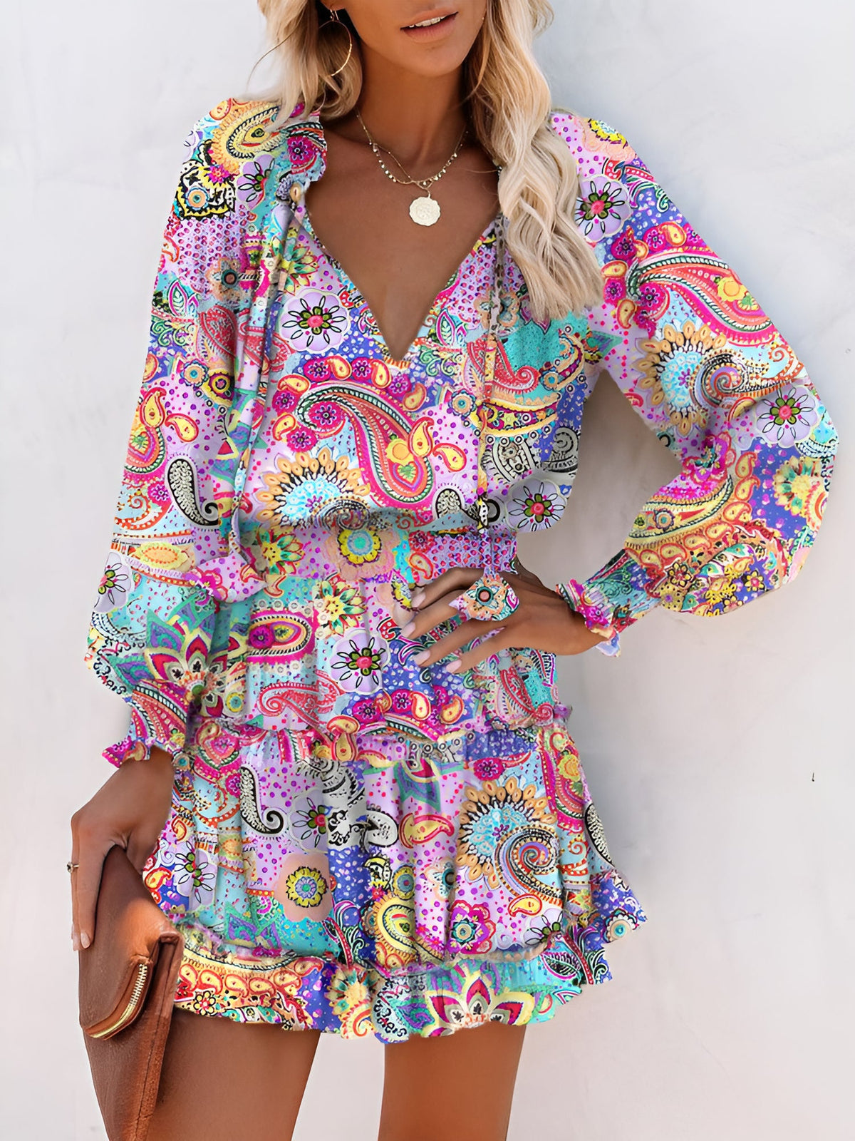 Graphic Long-Sleeve Polyester Dress